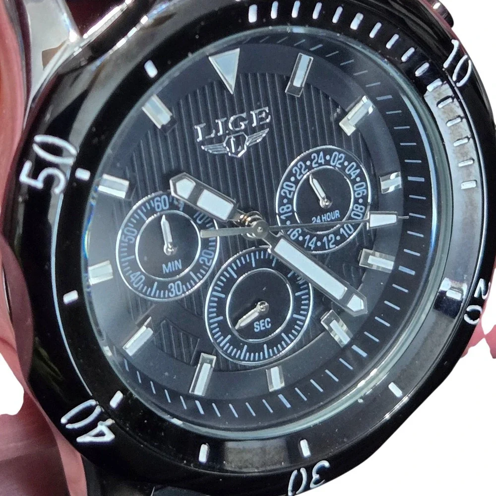 Lot of 2 LIGE Dream Quartz Chronograph Men's Watches w Black Silicon Bands VIDEO